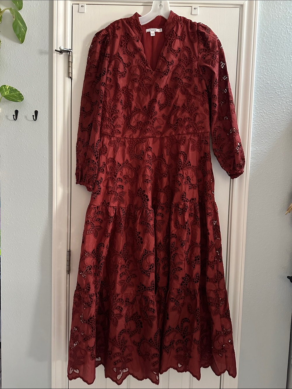 Chico's Eyelet Lace Maxi Floral Dress Women’s 6 Rust Red Summer Dress Boho